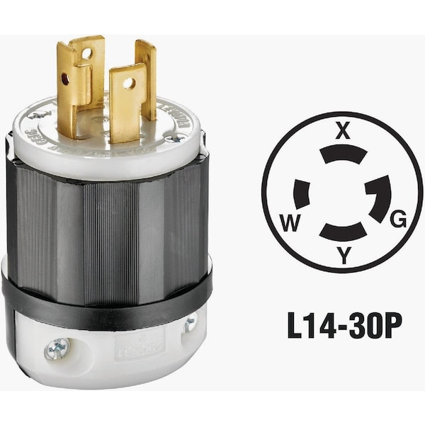Locking Plug, L14-30P, 30 A, 125/250V AC, Single Phase, 3 Pole, Screw Terminals, Black, White